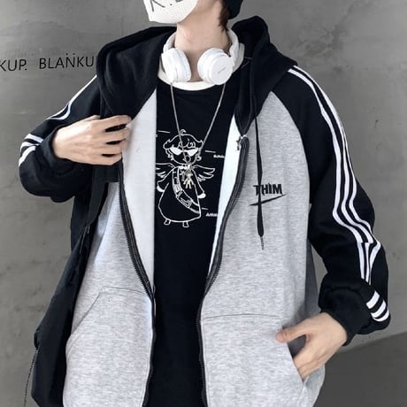 【3カラー】 ユニセックス パーカー ジップアップ バイカラー 裏起毛 ルーズ ライン入り 韓国ファッション メンズ レディース カジュアル ストリート系 DTC-627099735837