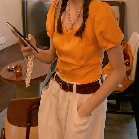 クロップド丈 スクエアVネック 2way Tシャツ 半袖 へそ出し パフ袖 オフショルダー 韓国ファッション レディース ショート丈 大人可愛い ガーリーDTC-641346468077)