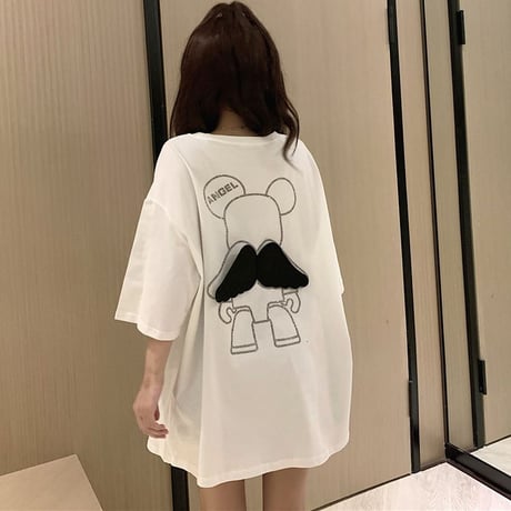 Tシャツ 半袖 スパンコール 羽 エンジェルくまちゃん シンプル ガーリー フェミニン カジュアル 韓国ファッション レディース 韓国ストリートファッション DTC-639357224388