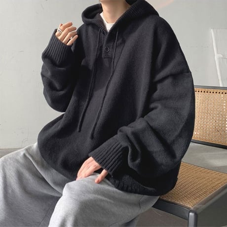 ユニセックス ニットパーカー ハーフボタン プルオーバー フード付き ニット 長袖 オーバーサイズ 韓国ファッション メンズ レディース ストリート系ファッション DTC-684636512220