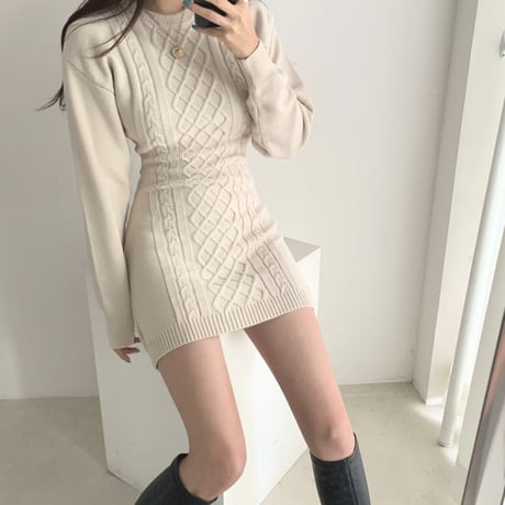 ニットワンピース 背中開き 背中見せ ツイスト編み ハイウエスト 韓国ファッション レディース ニット ワンピース 無地 大人可愛い ガーリー DTC-629490442432