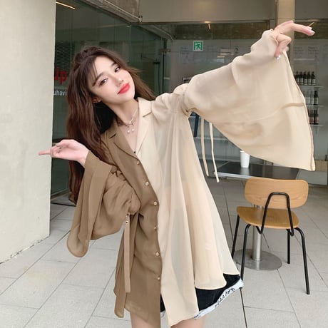バイカラー ブラウス シャツ フレアスリーブ 袖ベルト 透け感 シフォン ルーズ 長袖 レトロ 韓国ファッション レディース 大人可愛い ガーリー DTC-671415557269