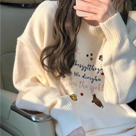 ニット セーター トップス クルーネック プルオーバー ゆったり ルーズ 長袖 レトロ 大人可愛い ガーリー カジュアル DTCA-864928687348