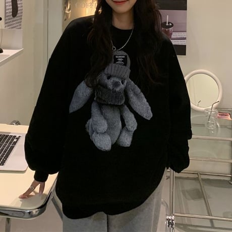 トレーナー うさぎ ラビット スウェット 厚手 オーバーサイズ 長袖 ゆったり レトロ 韓国ファッション レディース 大人可愛い ガーリー カジュアル DTC-659139065147