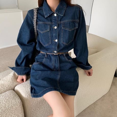 デニム ワンピース 襟付き ハイウエスト ショート丈 長袖 レトロ 韓国ファッション レディース 大人可愛い ガーリー フェミニン DTC-668109841308