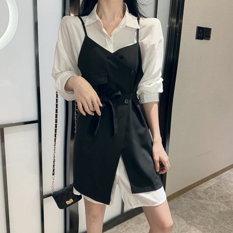 セットアップ ロングシャツ ＋ サスペンダースカート 韓国ファッション レディース 不規則デザイン ワンピース シャツ ハイウエスト 大人可愛い ガーリー (DTC-610138365332)