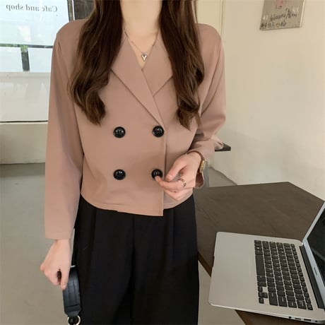 ショートジャケット ダブルブレスト 薄手 長袖 韓国ファッション レディース ジャケット カーキ ホワイト ブラック 大人可愛い ガーリーDTC-653592926591