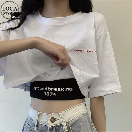 2点セット Tシャツ タンクトップ クロップド丈 レイヤード トップス 半袖 レトロ 韓国ファッション レディース 大人可愛い ガーリー Y2Kファッション DTC-a643576976192