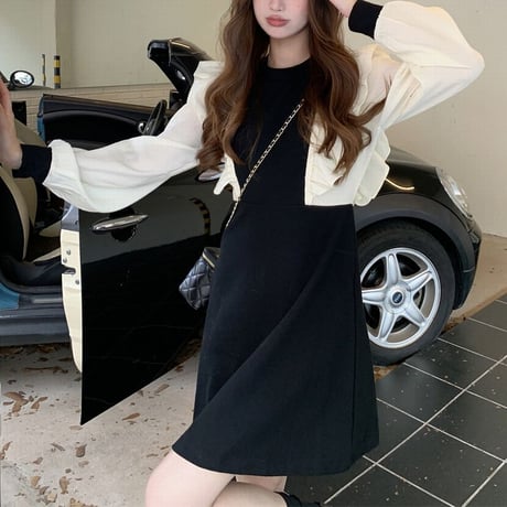 フリル ワンピース バイカラー パフスリーブ ハイウエスト 長袖 Aライン シンプル レトロ 韓国ファッション レディース 大人可愛い ガーリー DTC-683186066319