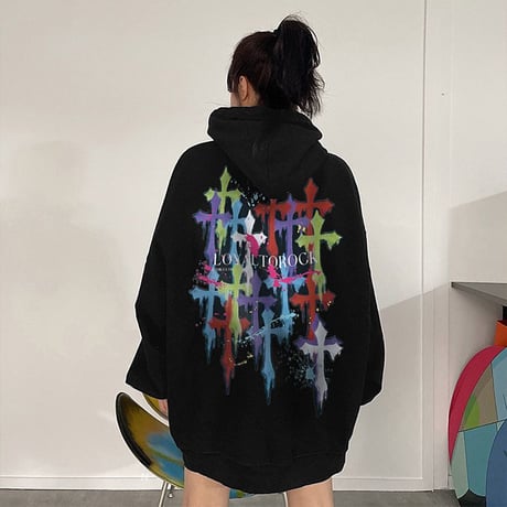 ユニセックス プルオーバー パーカー クロス 十字架 オーバーサイズ 長袖 ルーズ カジュアル 韓国ファッション メンズ レディース ストリート系ファッション DTC-692244038259
