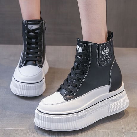 厚底 ハイカットスニーカー 22.0～25.0cm インソール サイドジッパー ファスナー ショートブーツ シューレース カジュアル 韓国ファッション レディース DTC-682592669522