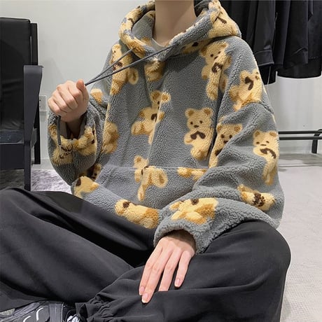 ユニセックス プルオーバー ボアフリースパーカー メンズ レディース 英字 クマちゃん ベアー プリント オーバーサイズ ルーズ ストリート系 ファッション TBN-629554274748