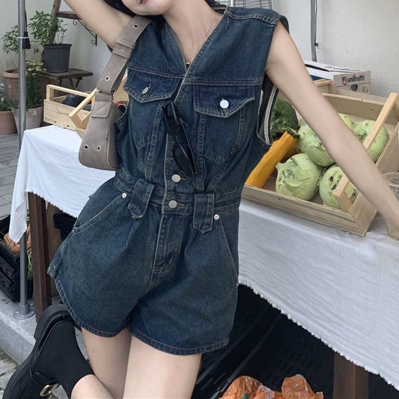 デニム ジャンプスーツ オールインワン ノースリーブ ショート丈 デニム ジャンプスーツ オールインワン ノースリーブ ショート丈