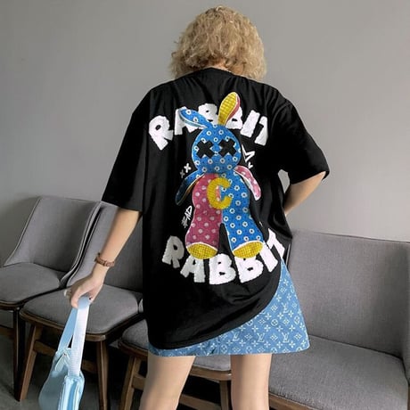 ユニセックス Tシャツ 半袖 ラビット うさぎ クルーネック オーバーサイズ ゆったり 大きめ 韓国ファッション メンズ レディース カジュアル ストリート系 DTC-665764992163