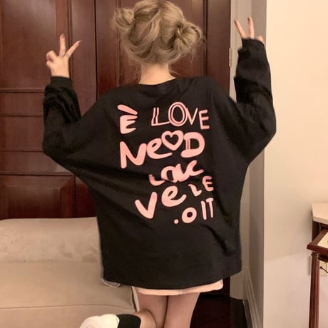 Tシャツ ロンT バックプリント 長袖 クルーネック オーバーサイズ ルーズ カジュアル 韓国ファッション レディース 韓国ストリート系ファッション DTC-734733429902