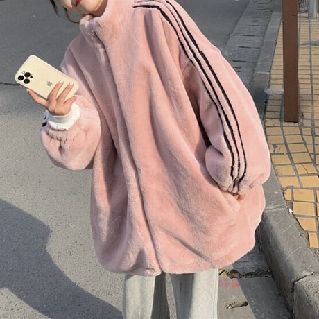 ボアジャケット ボアブルゾン 袖ライン もこもこ ゆったり ボア ラムウール ドロップショルダー ジップアップ 韓国ファッション レディース カジュアル ガーリー DTC-658093490430