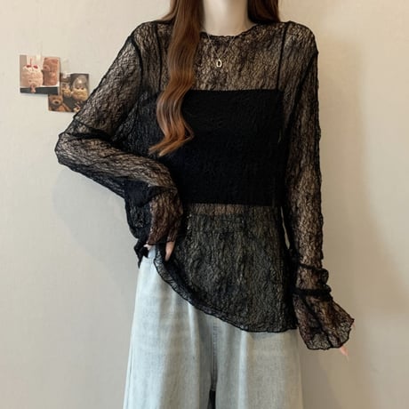 シアートップス レース tシャツ トップス クルーネック UVカット シアーtシャツ ゆったり ルーズ 長袖 レトロ 大人可愛い ガーリー トレンド DTCA-907055529072