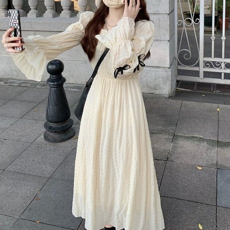 ワンピース リボン フリル スクエアネック ハイウエスト ロング丈 Aライン 長袖 レトロ 韓国ファッション レディース 大人可愛い ガーリー フェミニン DTC-661291871230