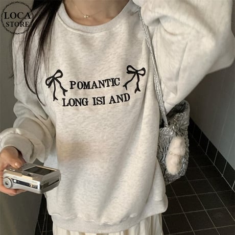 スウェット トレーナー リボン ロゴ プルオーバー トップス ルーズ ゆったり 長袖 レトロ 韓国ファッション レディース 大人可愛い ガーリー カジュアル DTC-769369677144