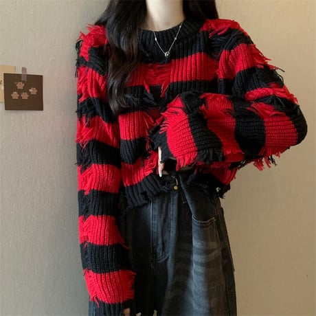 ボーダーニット ダメージ加工 フリンジ ブラック レッド プルオーバー ダメージニット ニット ボーダー ショート丈 セーター ルーズ 秋 冬 レトロ カジュアル DTCA-749285041716