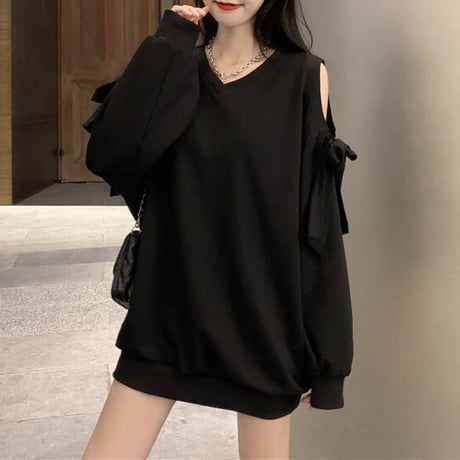 トレーナー 薄手 Vネック 肩あき 肩出し リボン カットソー オフショルダー トップス 長袖 ゆったり 韓国ファッション レディース 大人可愛い ガーリー DTC-637882425955