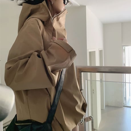 フード付き トレンチ ジャケット スタンドカラー ジップアップ ドローコード ルーズ 長袖 レトロ 韓国ファッション レディース 大人可愛い ガーリー カジュアル DTC-684850974613