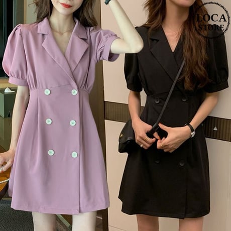 ジャケット風 ワンピース Aライン 韓国ファッション レディース ダブルボタン 半袖 ハイウエスト DTC-618226482217