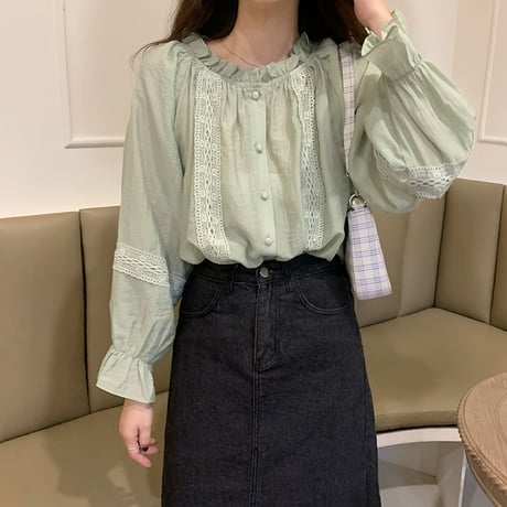 2way ブラウス シャーリングネック 長袖 韓国ファッション レディース 大人可愛い ガーリー レトロ DTC-627969886702
