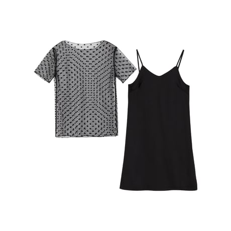 セットアップ 2点セット キャミワンピース ドット柄 レース Tシャツ ノースリーブ 大人可愛い ガーリー 韓国ファッション レディース DCT-621675137865