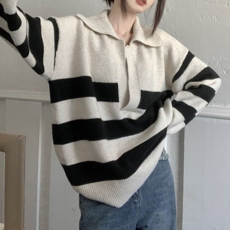 ボーダー柄 ニット セーター ポロ襟 トップス ルーズ 長袖 レトロ 韓国ファッション レディース 大人可愛い ガーリー カジュアル DTC-687862578467