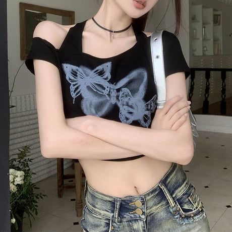 オフショルダー Tシャツ ホルターネック クロップド丈 バタフライ トップス スリムフィット レトロ 韓国ファッション レディース 大人可愛い ガーリー DTC-770278754668