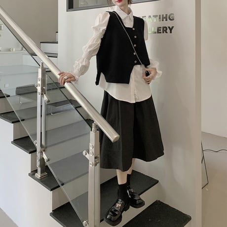 セットアップ 3点セット ブラウス ニットベスト ロングスカート アシンメトリー 不規則デザイン 長袖 レトロ 韓国ファッション レディース 大人可愛い ガーリー DTC-681737835293