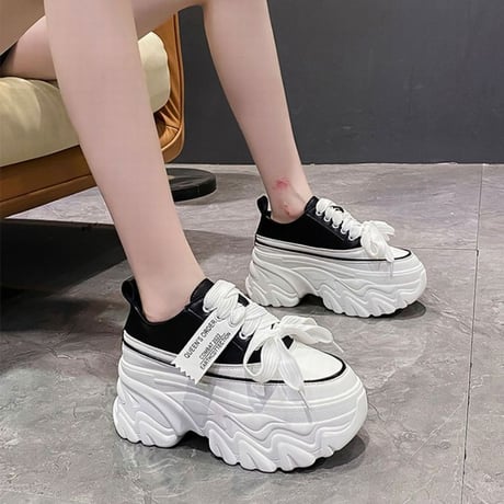 【3カラー】 厚底スニーカー 22.0～24.5cm レースアップ シューズ カジュアル スニーカー 厚底 スポーツ 靴 韓国ファッション レディース 歩きやすい DTC-678633923426