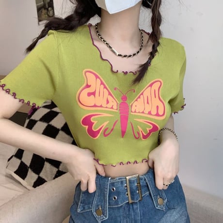 【3カラー】 ニット tシャツ バタフライ 蝶 トップス メロウフリル クロップド丈 半袖 レトロ 韓国ファッション レディース 大人可愛い ガーリー カジュアル DTC-712413339191