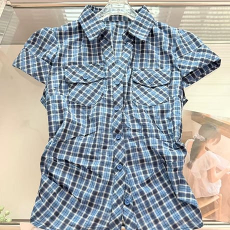 ブラウス シャツ クロップド丈 ショート丈 チェック柄 無地 スリムフィット 半袖 レトロ 大人可愛い ガーリー カジュアル DTCA-915248789814