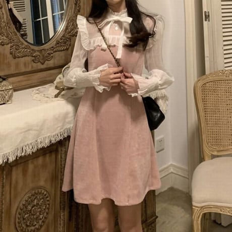 フリル ワンピース ボウタイ リボン 長袖 パフスリーブ ハイウエスト 韓国ファッション レディース かわいい ガーリー DTC-633952755941