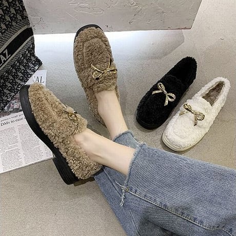 ファーシューズ ラムウール パンプス 22.5～25.0cm韓国ファッション レディース ボアシューズ ファー 防寒 もこもこ 歩きやすい 履きやすい カジュアル 631545625682