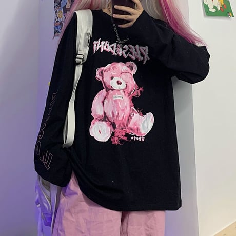 ユニセックス Tシャツ 長袖 プルオーバー くまちゃん ベアー 袖プリント オーバーサイズ レトロ 韓国ファッション メンズ レディース カジュアル ストリート系 DTC-625051222286