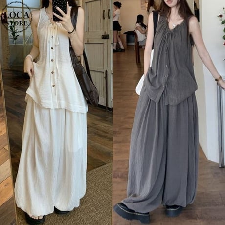 セットアップ 2点セット ノースリーブ シャツ ワイドパンツ ルーズ トップス モップパンツ レトロ 韓国ファッション レディース 大人可愛い ガーリー DTC-798283919671