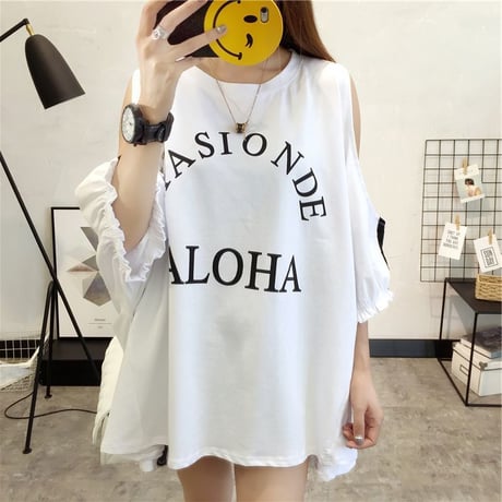 レディース ゆったり 肩出し 肩開き Tシャツ 半袖 チュニック オフショルダー 韓国ファッション オルチャン (DCT-676336915183)