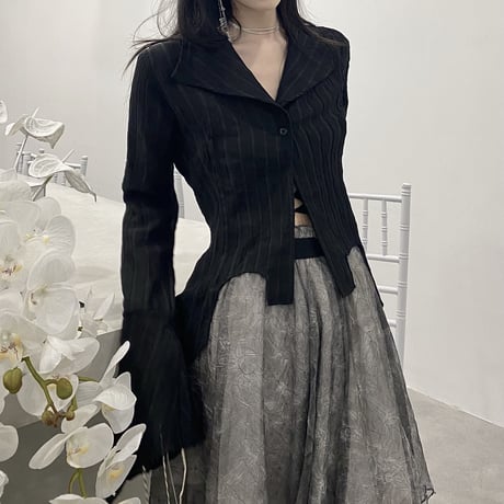 ブラウス 不規則デザイン フレアスリーブ ストライプ柄 スリム シャツ トップス ショート丈 長袖 レトロ 韓国ファッション レディース 大人可愛い ガーリー DTCA-714875873808