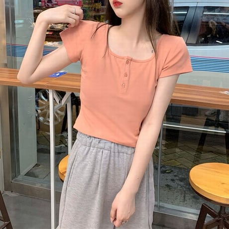 ボタン付き Tシャツ クロップド丈 スクエアネック 半袖 韓国ファッション レディース トップス ヘンリーネック カットソー シンプル 大人可愛い ガーリー DTC-638088651360