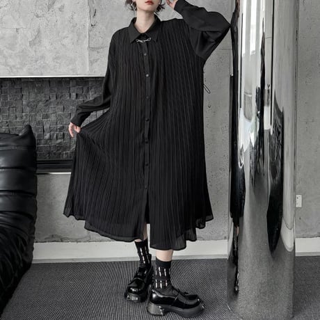 プリーツ シャツワンピース 襟付き ロングワンピース シャツワンピ プリーツワンピース 体型カバー ビッグシャツ ルーズ 長袖 レトロ 大人可愛い ガーリー DTCA-828552000879