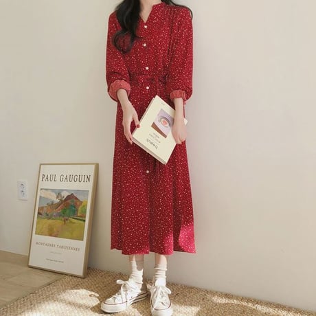 レディース ドット柄 カシュクールワンピース 春 レトロ 長袖 Vネック シャツワンピース 韓国ファッション オルチャン (DCT-584482879562)