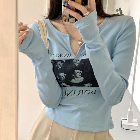 【3カラー】 Tシャツ 長袖 キーネック ショート丈 ロンT カットソー レトロ 韓国ファッション レディース 大人可愛い ガーリー カジュアル DTC-666641340557