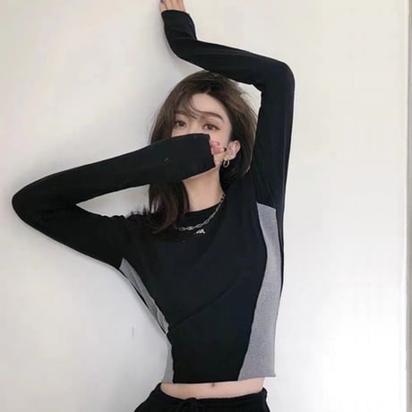 ロンT バイカラー 配色 ショート丈 タイトフィット スリムフィット tシャツ クルーネック トップス スリムtシャツ カットソー 長袖 レトロ カジュアル DTCA-821891655851