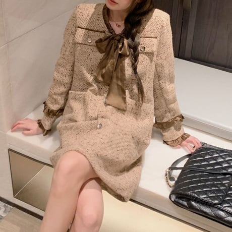 ツイード ワンピース リボン フリル ショート丈 Aライン ゆったりウエスト ミニワンピース 長袖 レトロ 韓国ファッション レディース 大人可愛い ガーリー DTC-745264114087