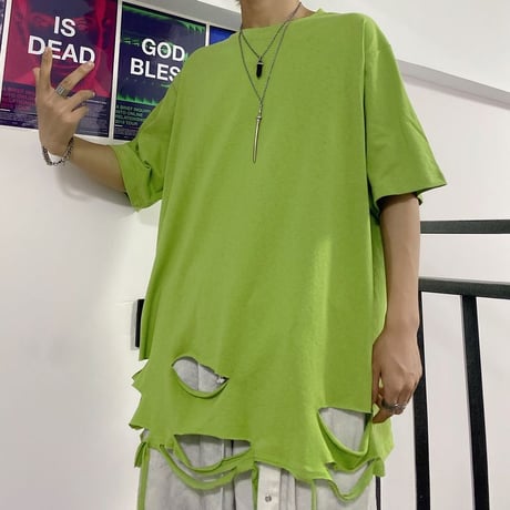 ユニセックス tシャツ ダメージ加工 半袖 オーバーサイズ カジュアル 韓国ファッション メンズ レディース ストリートファッション DTC-618883841543