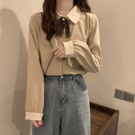 シャツ ブラウス リボンタイ パフスリーブ ルーズ 長袖 レトロ 韓国ファッション レディース 大人可愛い ガーリー DTC-659642910608