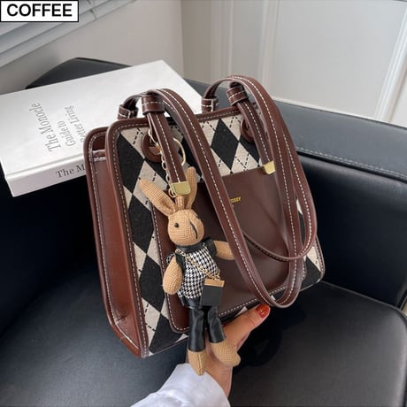 トートバッグ チェック柄 ぬいぐるみ付き ショルダーバッグ 幾何学模様 ミニバッグ スクエアバッグ 肩掛け かわいい レトロ 韓国ファッション レディース DTC-660693632397